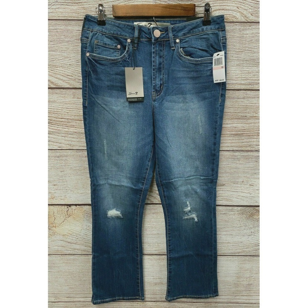 Seven7 Stretch Jeans Womens 10 Blue High Rise Flare Crop Worn & Torn Jeans New
